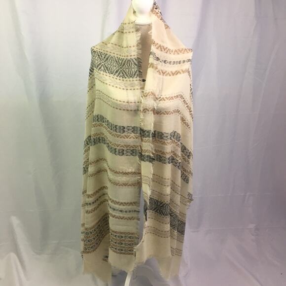 Stripe pattern Scarf Cream Black Tan with Fringe - Picture 5 of 12